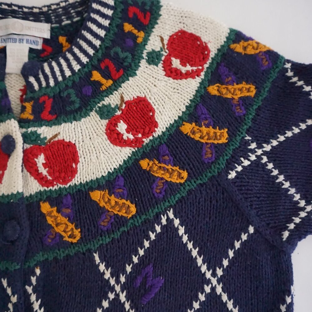 Vintage Cape Isle Knitters Navy Apple Numbers Cotton Hand Knit Blue Cardigan M - Picture 9 of 10